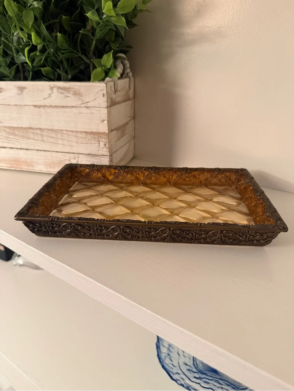 Vintage Amber Faux Glass Decorative Vanity Tray Brass Tone Filigree Catchall